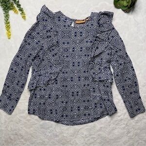 Oliphant Meko Long Sleeve Ruffle Detail Patterned Blouse in Navy and White Small